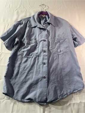 100% Silk Field Manor Medium Light Blue Short-Sleeve Button Front Women’s Shirt